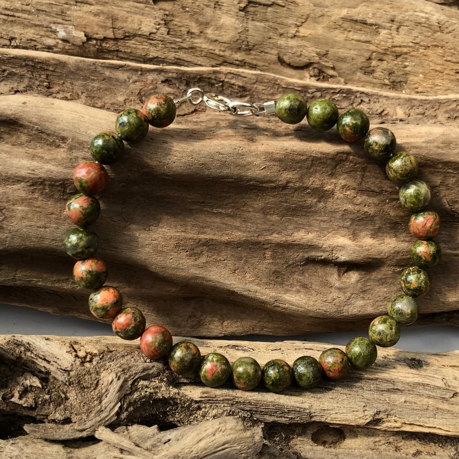 6mm unakite bead bracelet with silver catch  -00001416