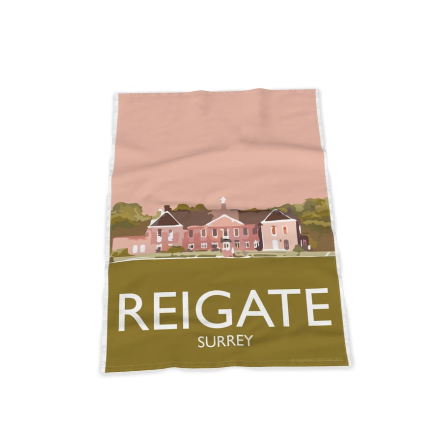 Tea Towel Reigate Priory Surrey UK retro cotton souvenir Fabric Art (1)