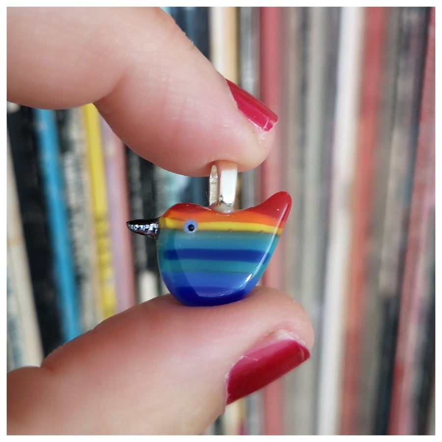 very small 'rainbow wren of hope' fused glass bird pendant 