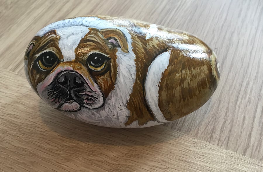 Dog painted pebble rock art pet portrait garden stone decor 