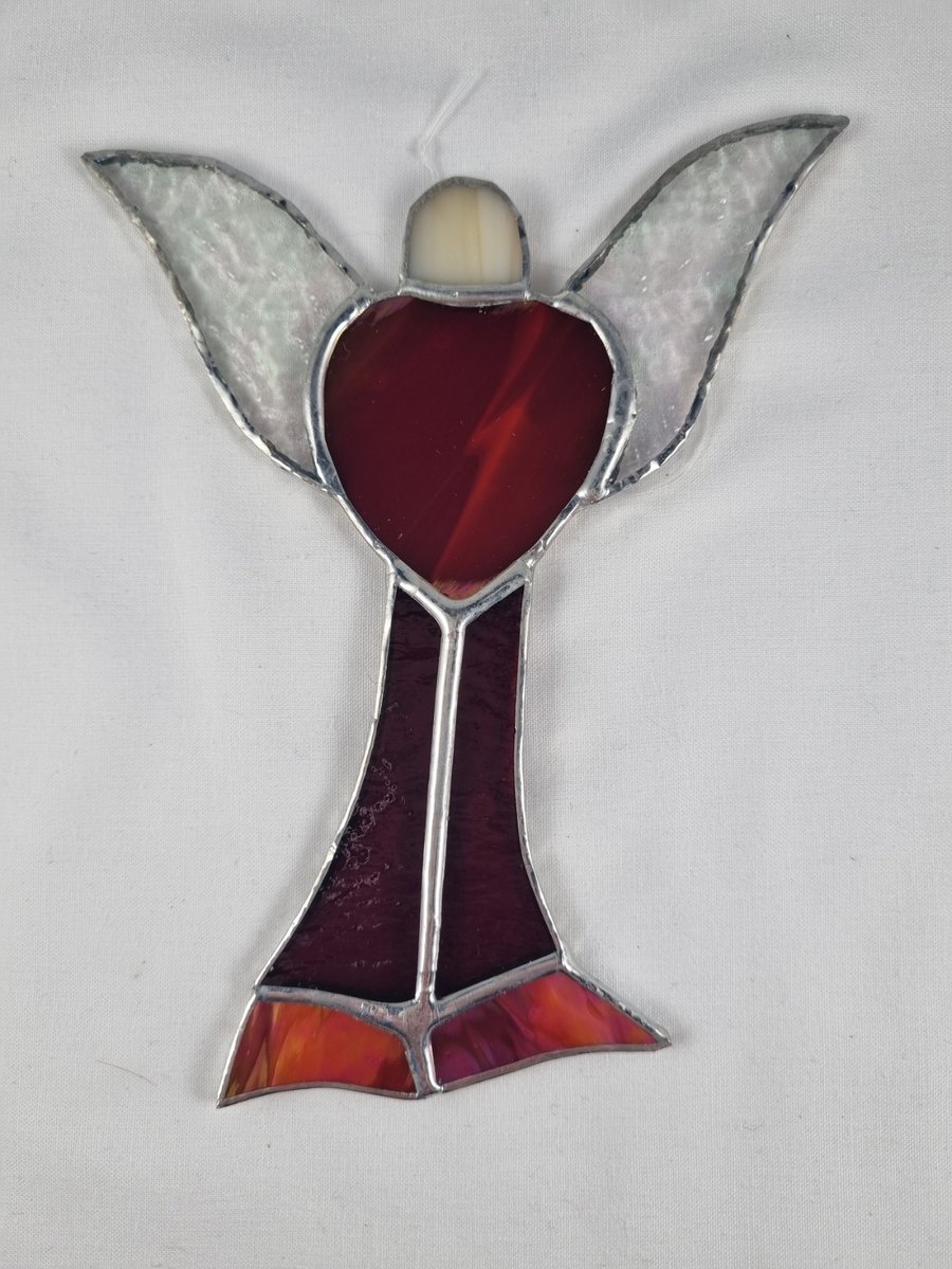 561 Stained Glass Large red heart Angel - handmade hanging decoration.