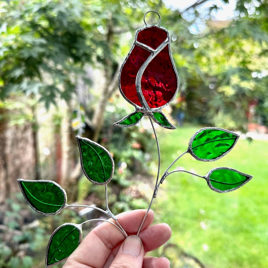 Stained Glass Rose Suncatcher Handmade Hanging Decoration - Red