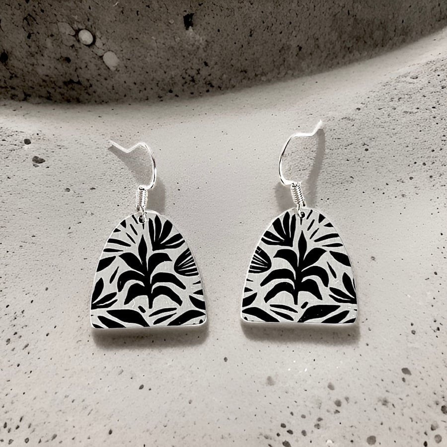 Drop earrings, black abstract half oval with sterling silver ear wires (21)