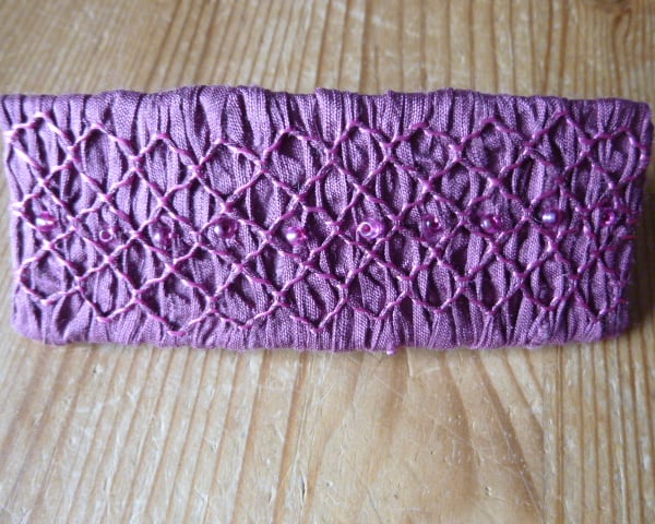 Hand Smocked and Beaded Mauve Silk Hair Clip, H4