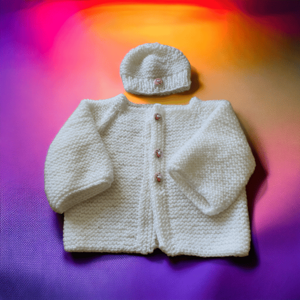 Handmade knitted baby girls cardigan with matching hat 