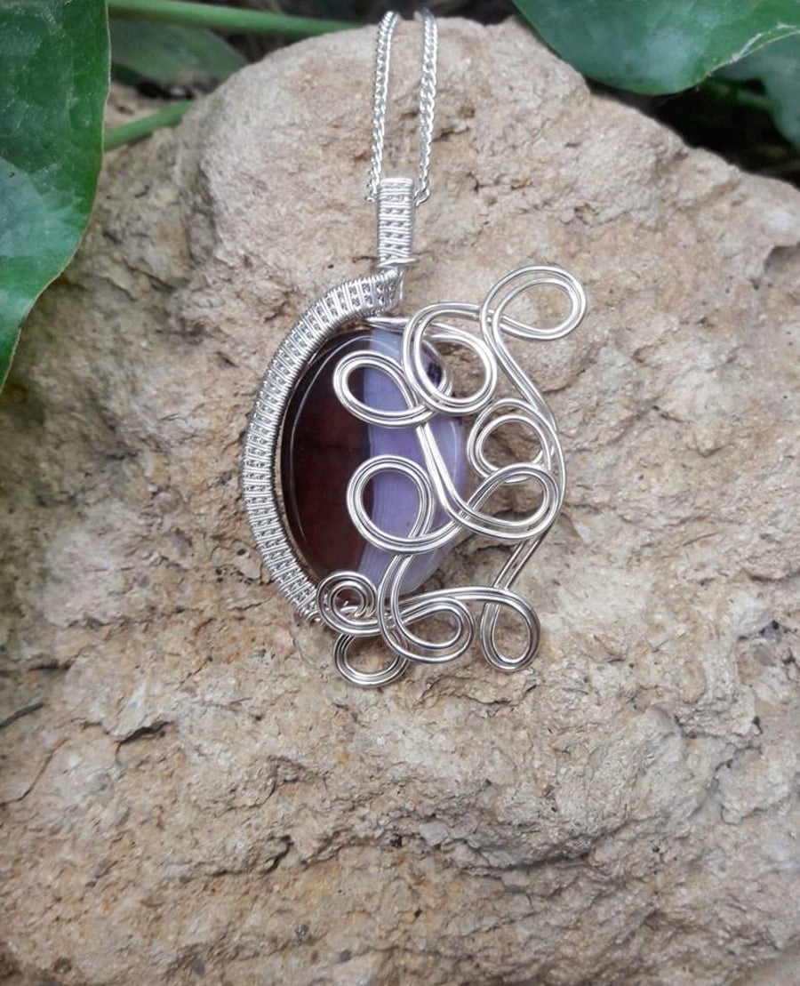 Wire Wrapped Purple Lace Agate Gemstone Pendant Necklace