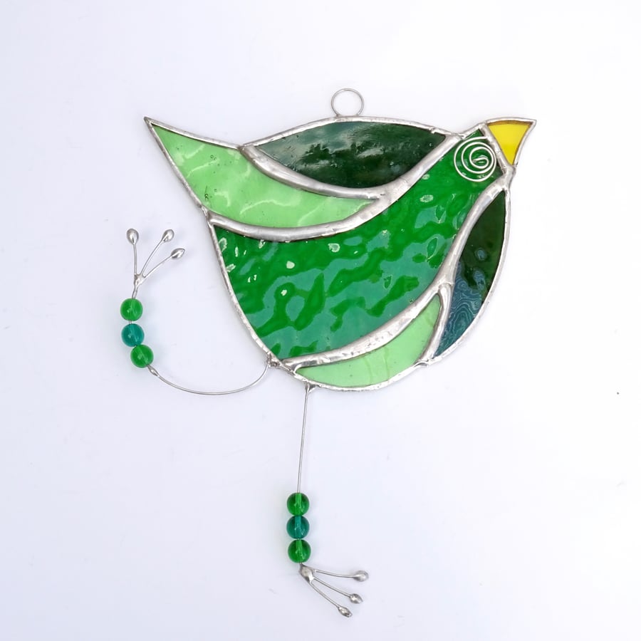 Stained Glass Funky Bird Suncatcher  - Handmade Decoration - Dark and Pale Green
