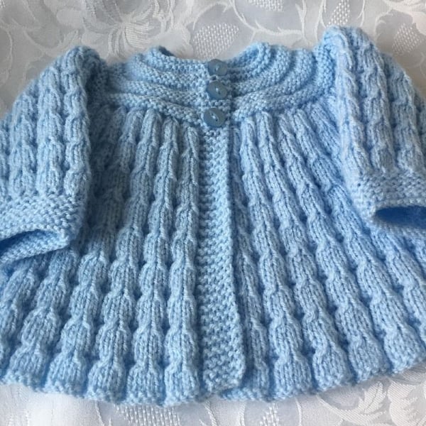 Hand Knitted Baby Boy's Matinee Cardigan will fit 0-3 mths