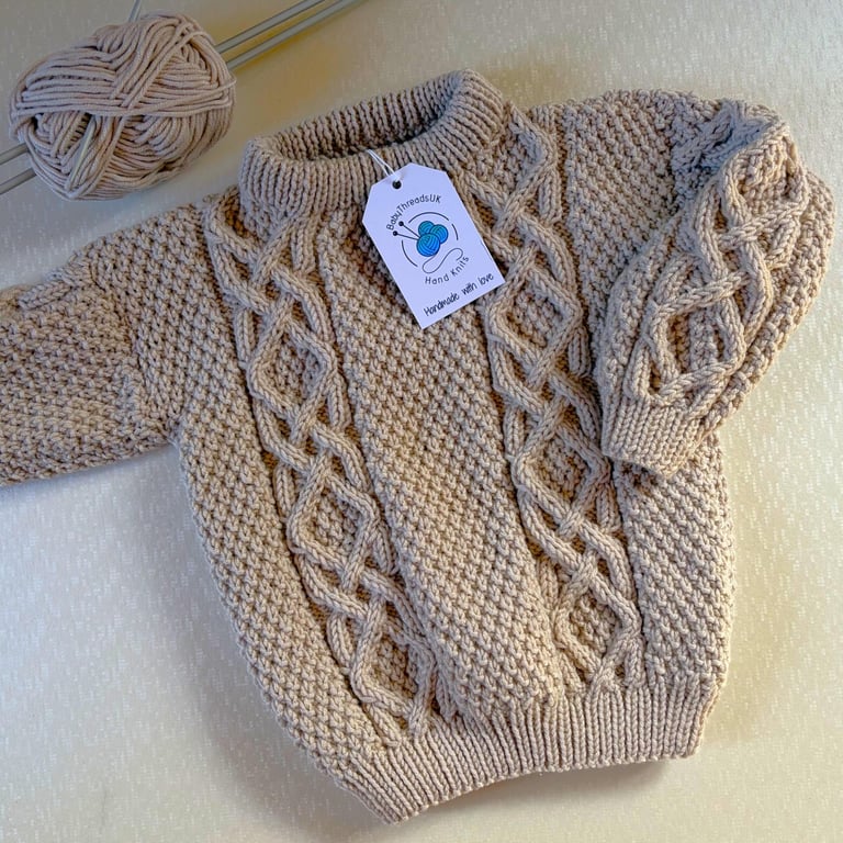 Hand Knitted Merino Aran Jumper - Light Beige - 27ins Chest (Approx. 4-5 Years)