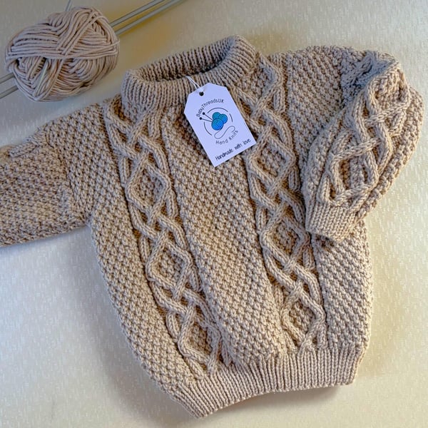 Hand Knitted Merino Aran Jumper - Light Beige - 27ins Chest (Approx. 4-5 Years)