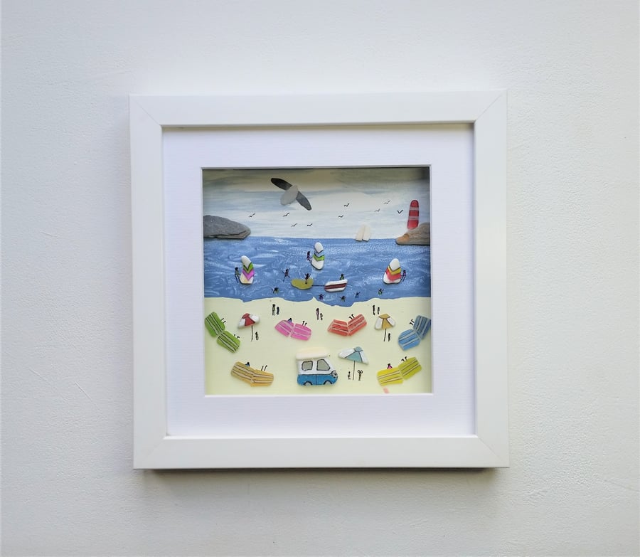 sea glass summer holiday beach scene, framed coastal wall art, made in Cornwall