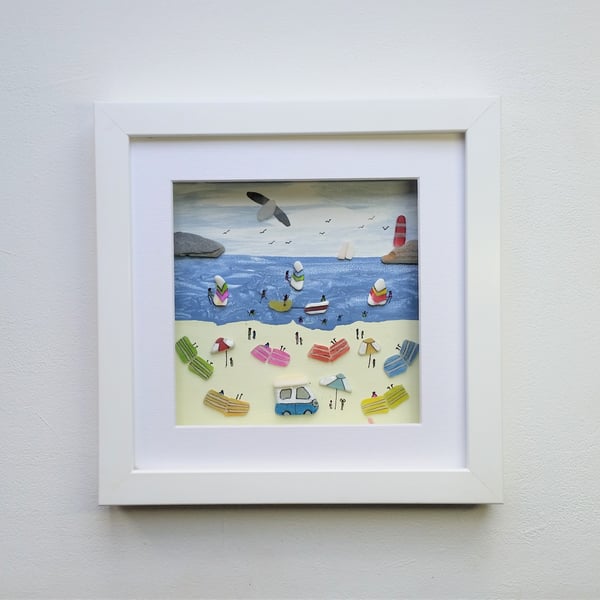 sea glass summer holiday beach scene, framed coastal wall art, made in Cornwall