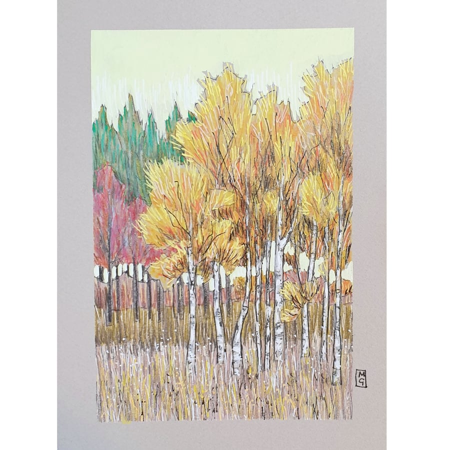 Autumn trees in soft tones, original artwork, small landscape drawing, wall art