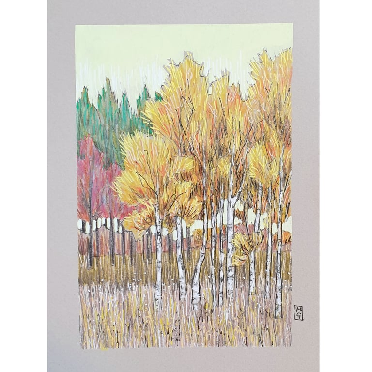 Autumn trees in soft tones, original artwork, small landscape drawing, wall art