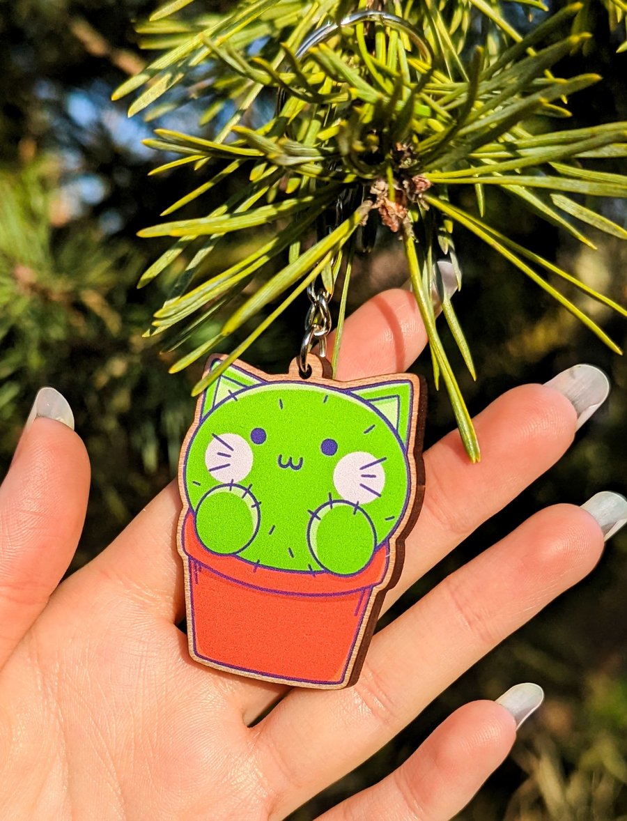 Cat Keyring, Valentines Gift, Cactus Keyring, Cat Gift, Birthday Gift