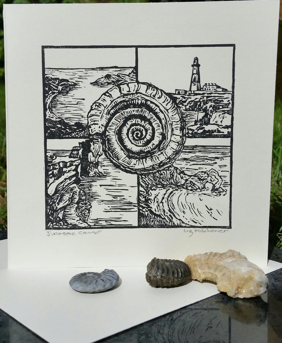 Original signed linocut card Jurassic Coast landscape of Dorset