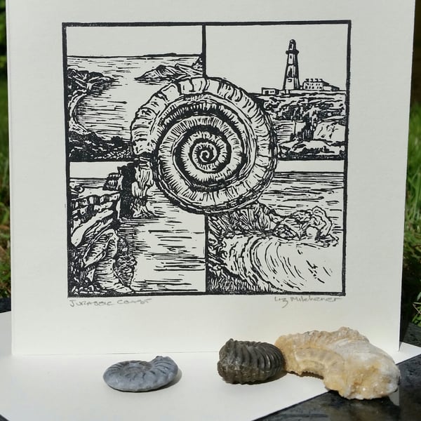 Original signed linocut card Jurassic Coast landscape of Dorset