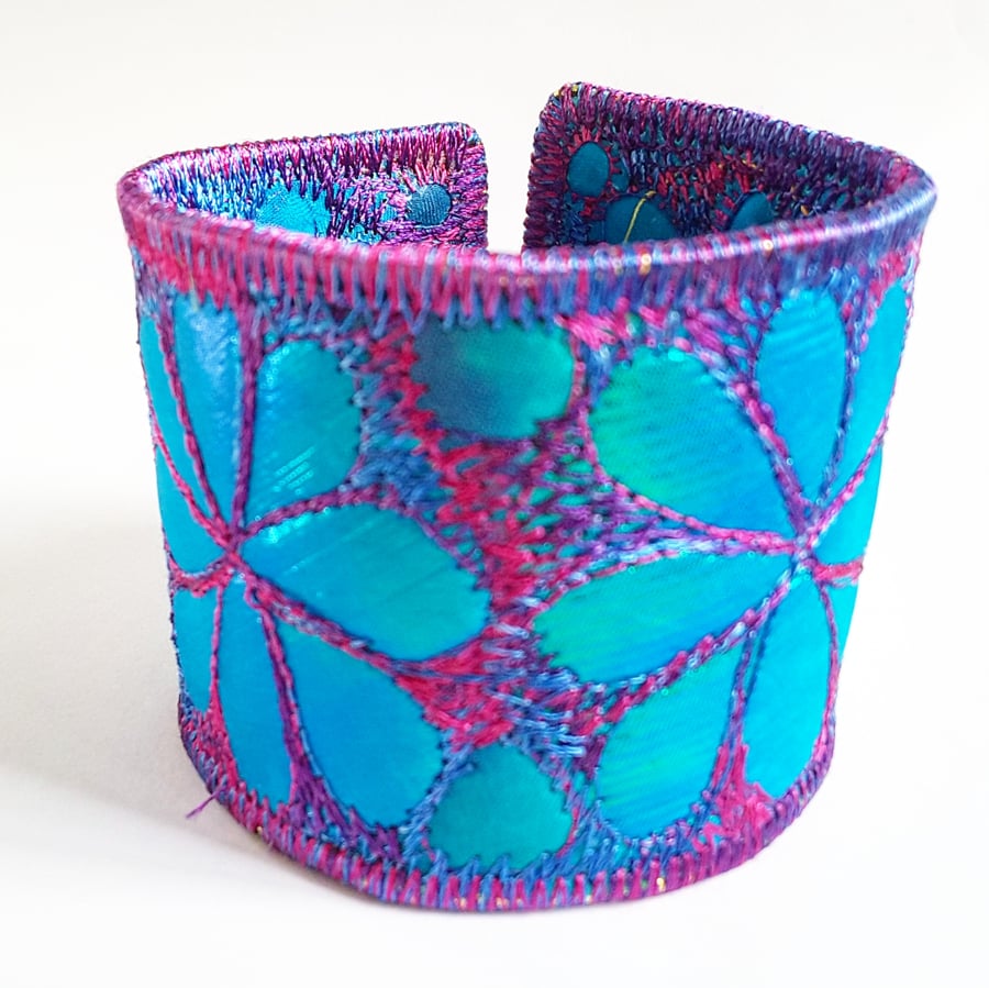 Textile Jewel Like Quilted Cuff with Free Machine Embroidery 