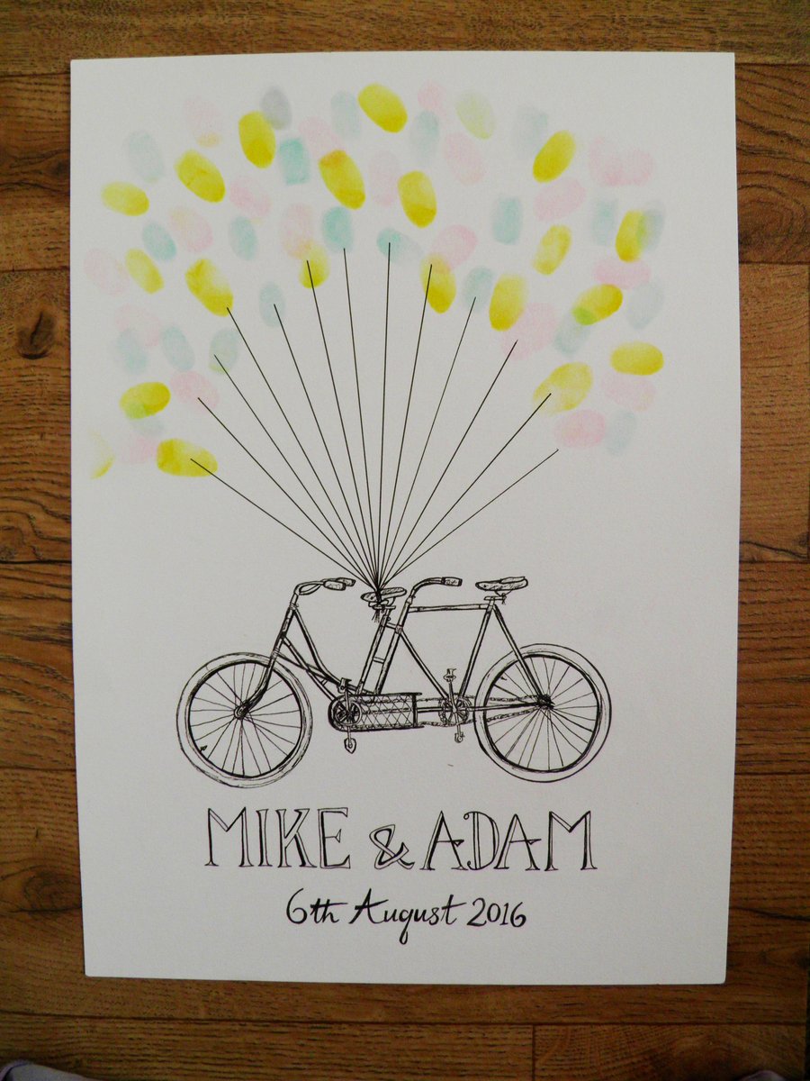 Personalised Illustrated Wedding Guest Balloon Fingerprint Art bike bicycle A3