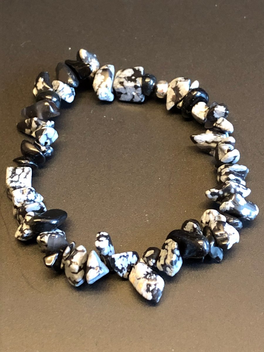Genuine Snowflake Obsidian Stretchy Bracelet 