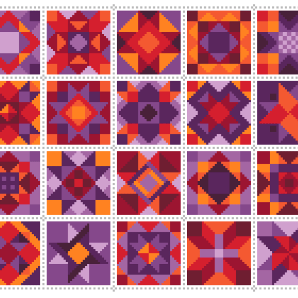 066C - Cross Stitch Chart Patchwork Quilt Block Pattern Squares, Red Purple