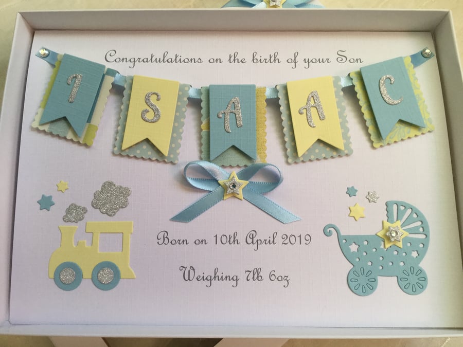 Personalised New Baby Boy Card Handmade Gift Boxed Keepsake 