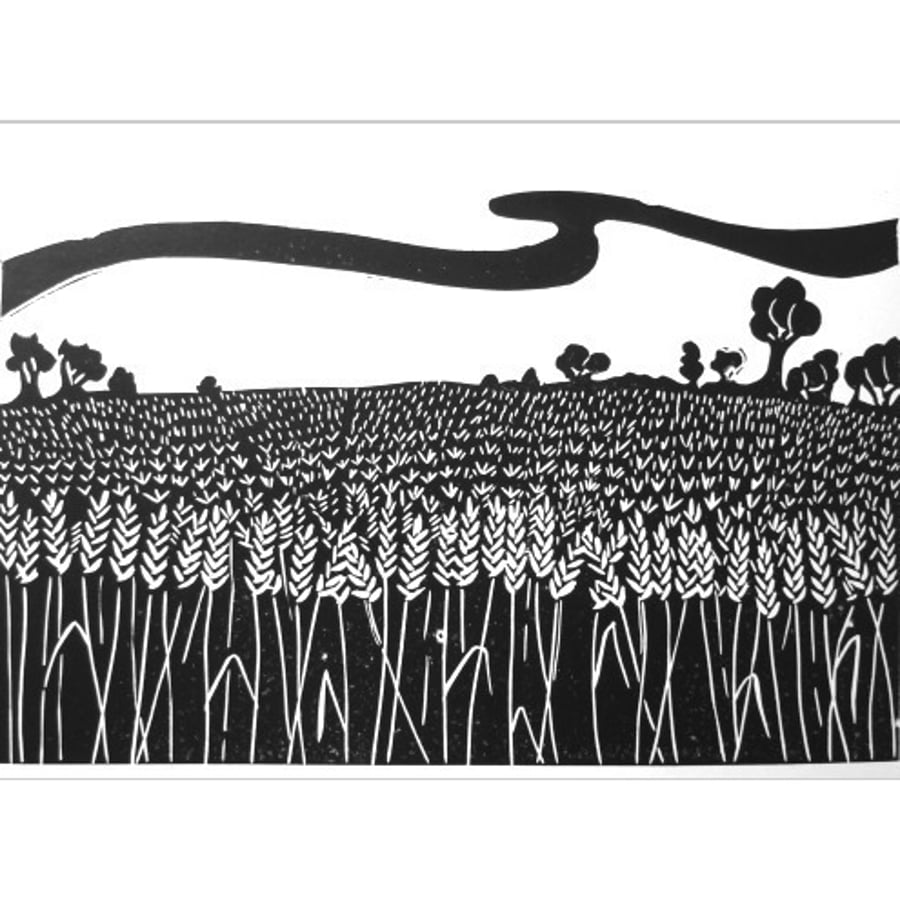 Original lino print "Fields of wheat (monochrome)"