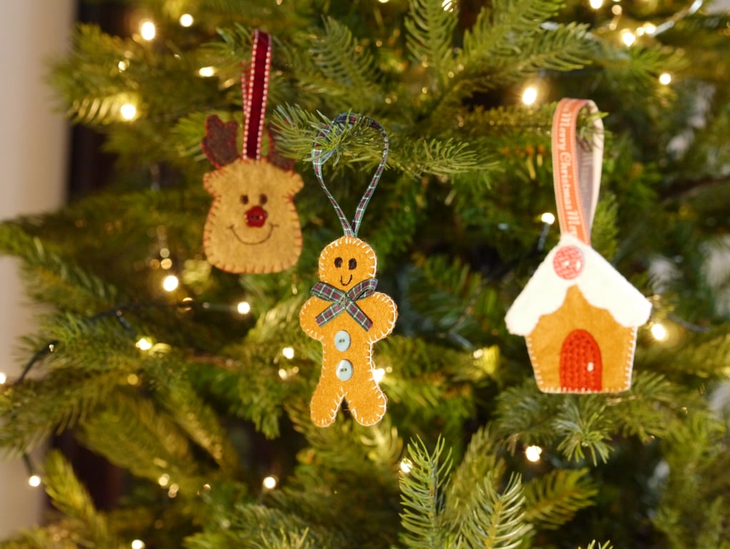 Festive felt decoration trio, Reindeer, Gingerbread person, Gingerbread house