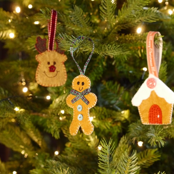 Festive felt decoration trio, Reindeer, Gingerbread person, Gingerbread house