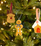 Festive felt decoration trio, Reindeer, Gingerbread person, Gingerbread house - Image 1