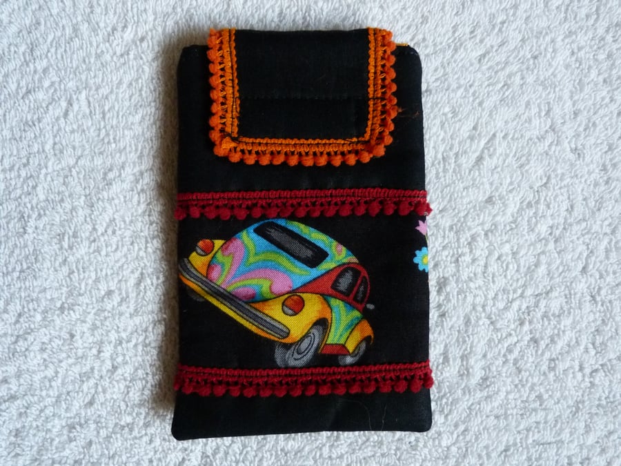 Mobile Phone Cover In Black VW Beetle Fabric . Suitable for larger sized Phones.