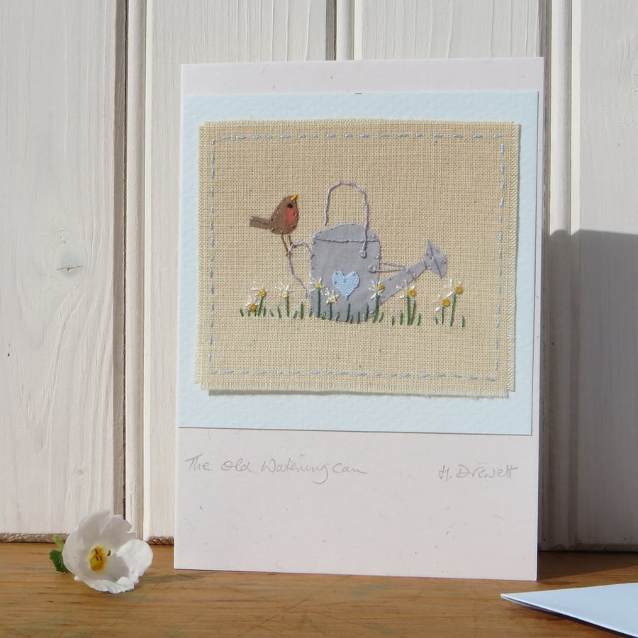 The Old Watering Can, a hand-stitched card with lots of detail, a card to keep!