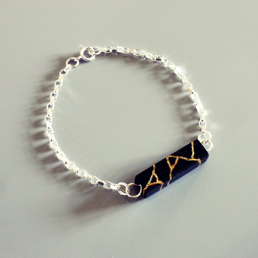 Kintsugi Sterling Silver Bracelet 3200BC Bog Oak Wood With 24ct Gold Leaf Inlay 