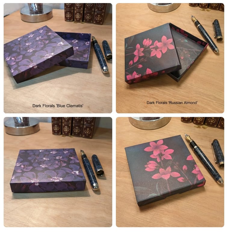 Two ultra-thin gift boxes- Dark Florals 'Blue Clematis' and 'Russian Almond'
