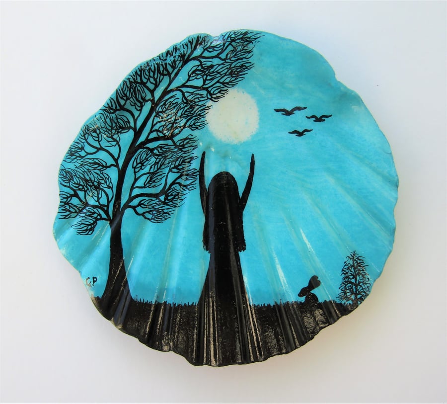 Painted Shell, Moon Daughter Gift, Girl Tree Rabbit Painting, Moon Worship, Art
