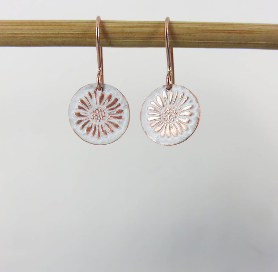 Enamel on Daisy Textured Copper Dangle Earrings