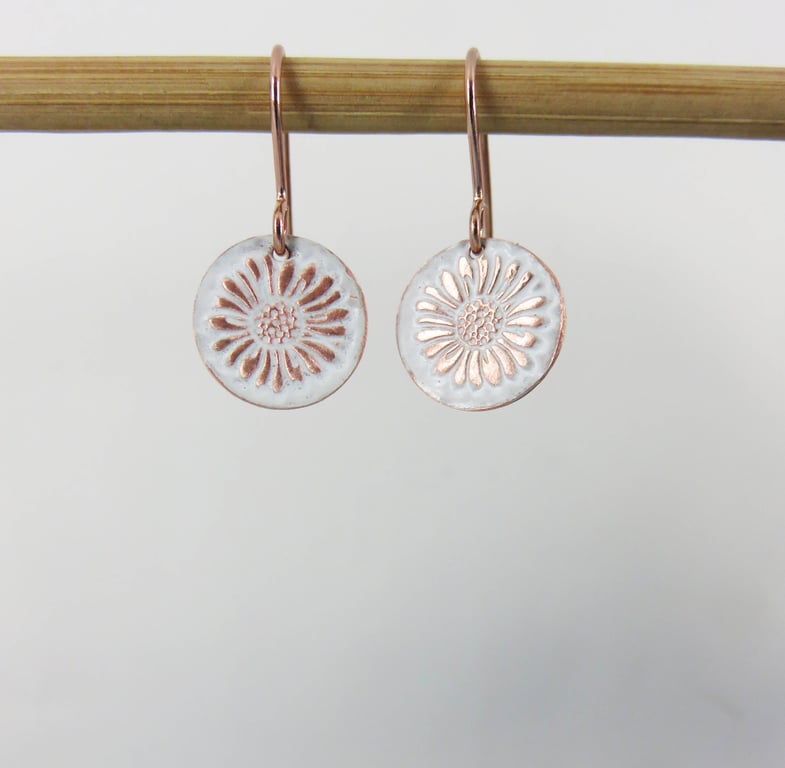 Enamel on Daisy Textured Copper Dangle Earrings
