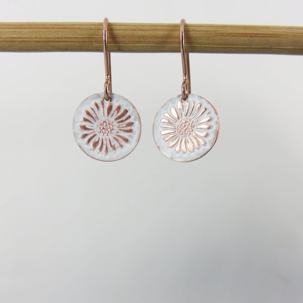 Enamel on Daisy Textured Copper Dangle Earrings