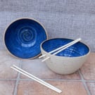 Pair of noodle soup rice or cereal serving bowl stoneware pottery handmade 