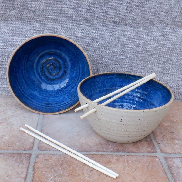 Pair of noodle soup rice or cereal serving bowl stoneware pottery handmade 