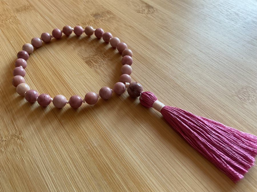 Pink Rhodonite and Petrified wood 27 mantra mini pocket Mala with cotton tassel