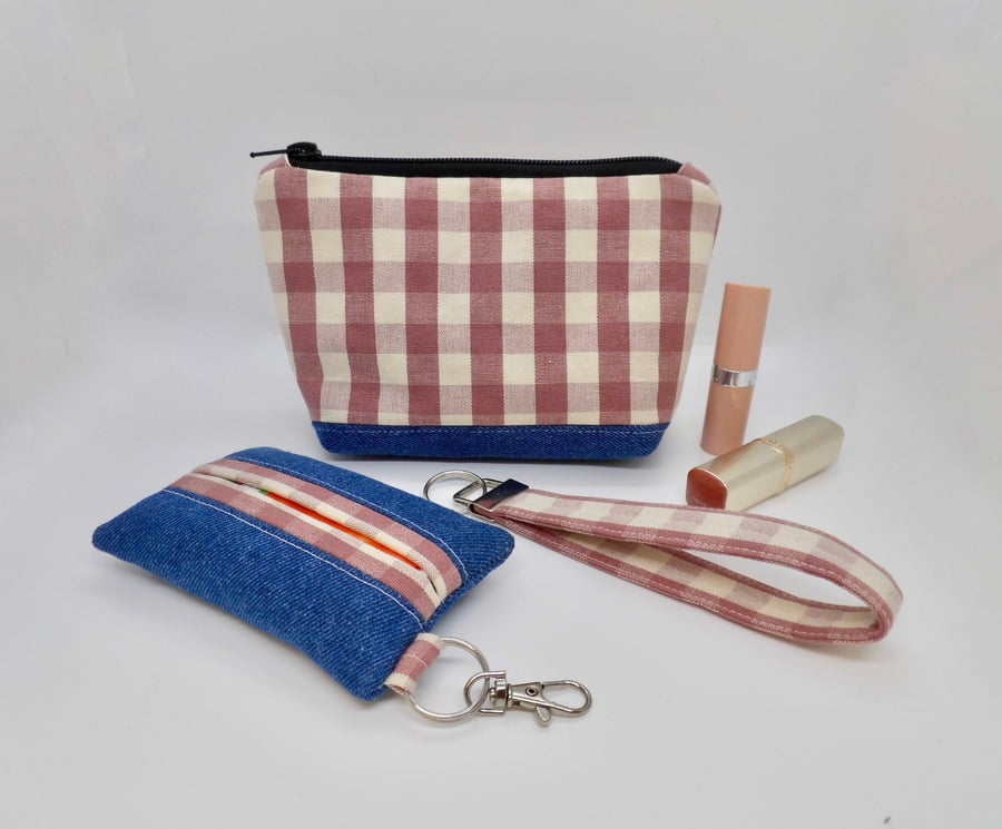 Set of three items hand bag accessories in denim and gingham check