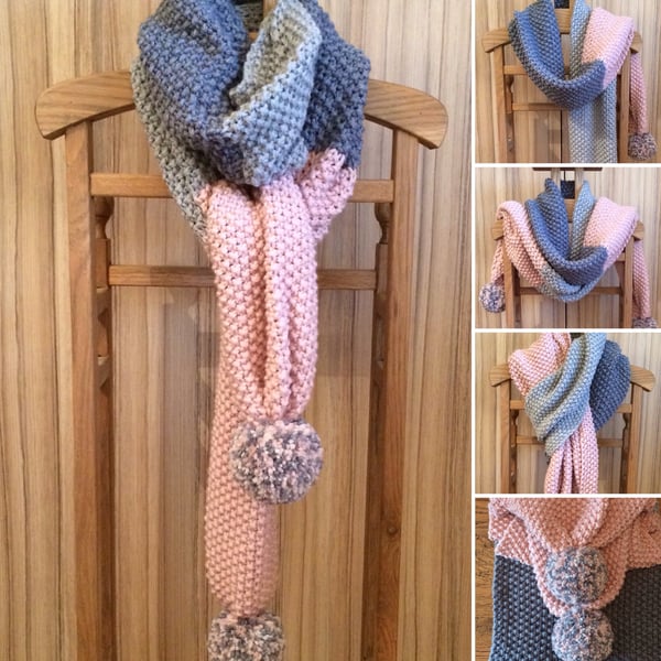 Luxury oversized scarf with large multi coloured Pom Pom's