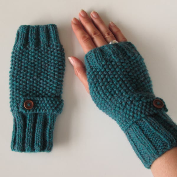 Fingerless Gloves in Deep Teal Green Aran Wool 