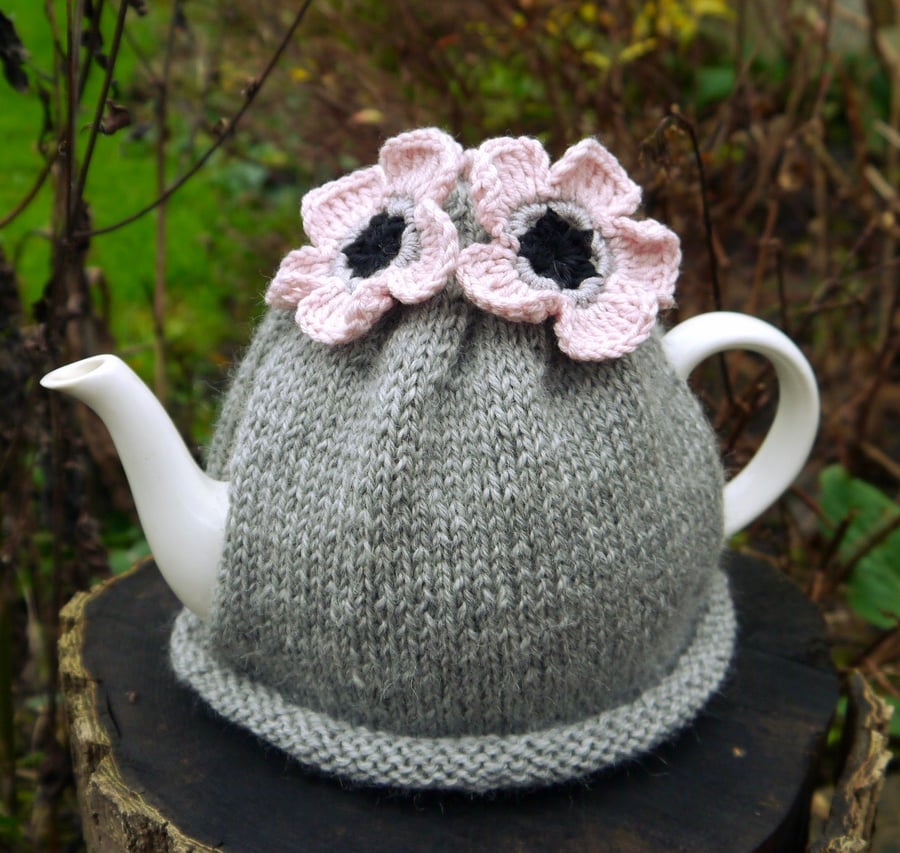 Grey Tea Cosy with Pale Peach Flowers, Knitted Tea Cosies