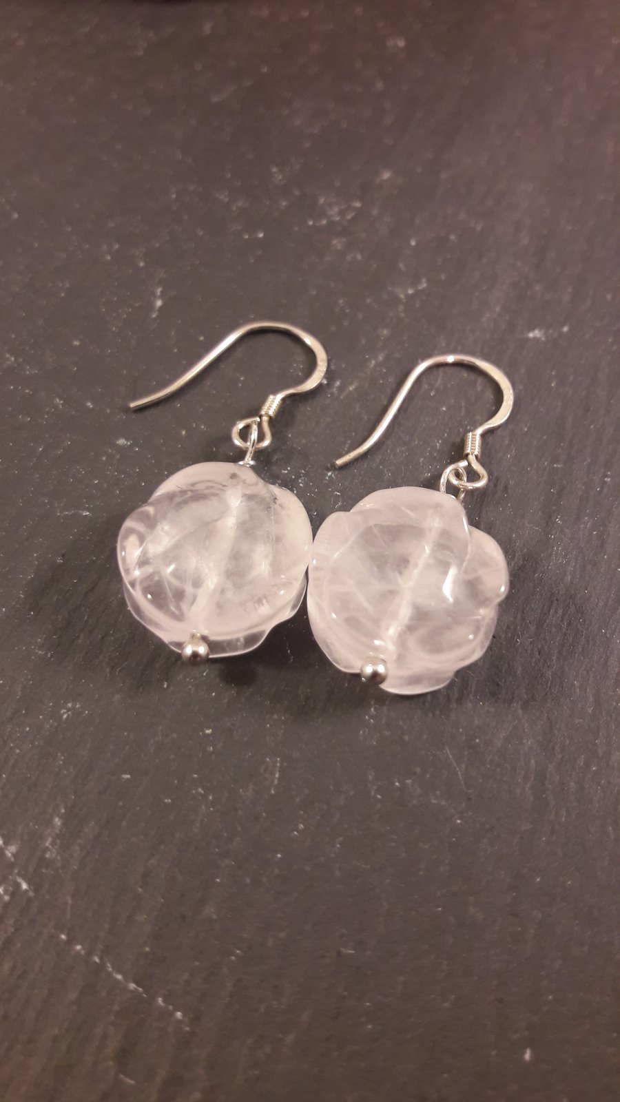 Rose Quartz Rose and Sterling Silver Earrings