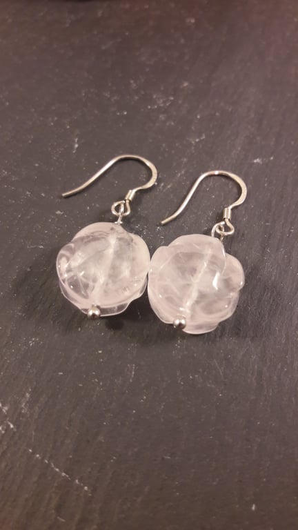 Rose Quartz Rose and Sterling Silver Earrings