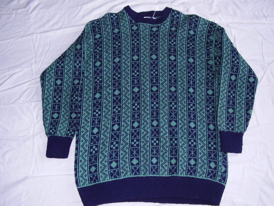 Navy and Green Vertical Fairisle Jumper, Shetland wool.