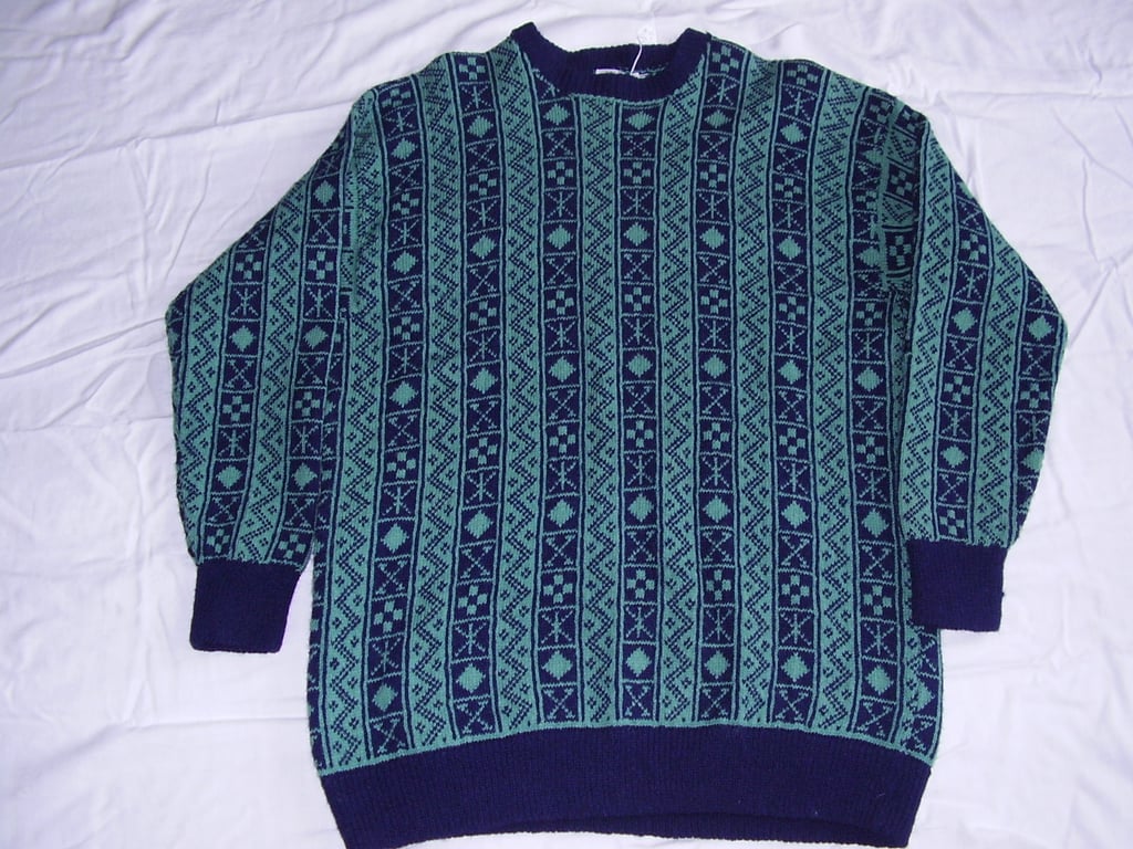 Navy and Green Vertical Fairisle Jumper, Shetland wool.