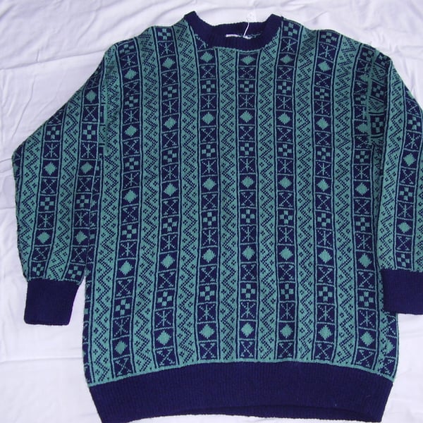 Navy and Green Vertical Fairisle Jumper, Shetland wool.